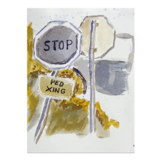 Vintage Stop Sign & Architecture Watercolor Painting Double Sided For Sale