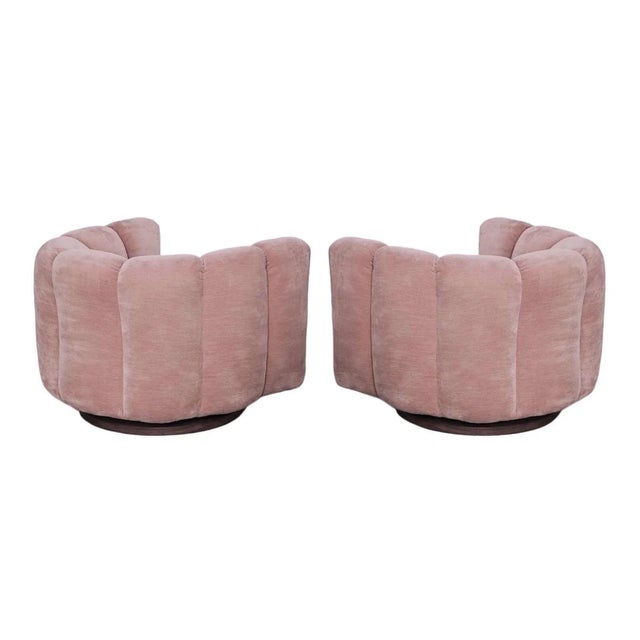 1970s Blush Pink Channel Back Swivel Chairs in the Style of Milo Baughman - A Pair For Sale - Image 5 of 7