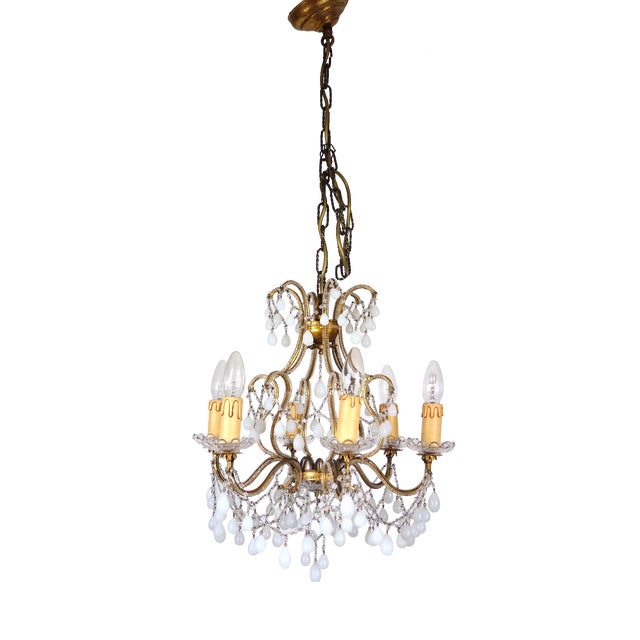 Antique Gilded Metal and Murano Glass Drop Chandelier, 1920s For Sale