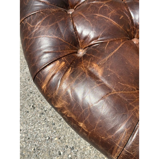 Wood Chesterfield-Style Round Chocolate Leather Ottoman-Vintage For Sale - Image 7 of 7