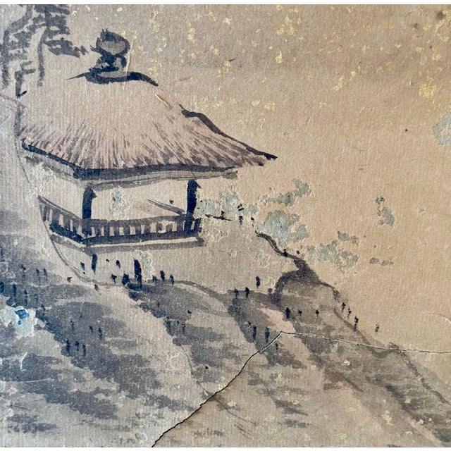 Japanese Antique Chinese Panel Folding Screen Byobu Landscape Painting For Sale - Image 3 of 11