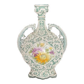 Japanese Moriage Double Handle Bottle Vase Hand Painted Floral Porcelain 10” For Sale