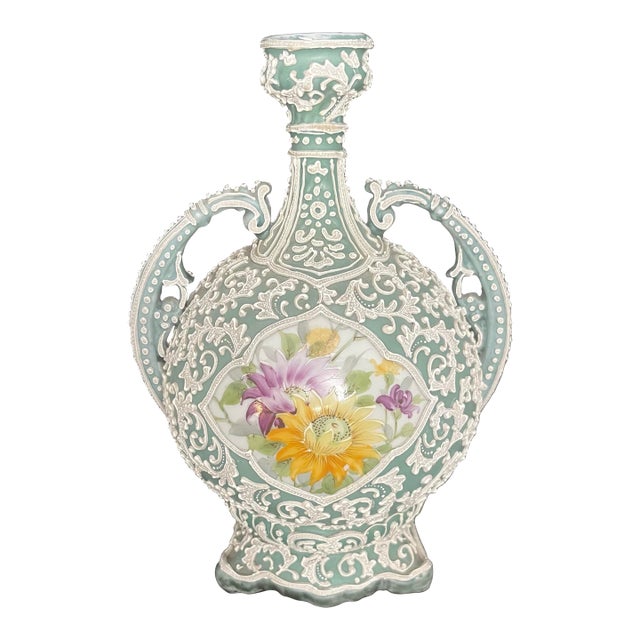 Japanese Moriage Double Handle Bottle Vase Hand Painted Floral Porcelain 10” For Sale
