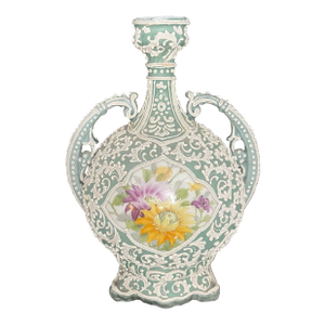 Japanese Moriage Double Handle Bottle Vase Hand Painted Floral Porcelain 10”