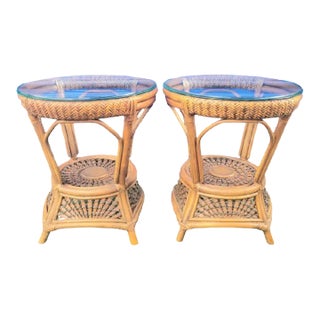 Vintage Weaved Wicker Coastal Boho Glass Top Round Side Tables- a Pair For Sale