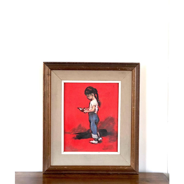This vintage oil painting by Martha Moore Burnett of a young girl hold a book would make a charming decor accent in a home...