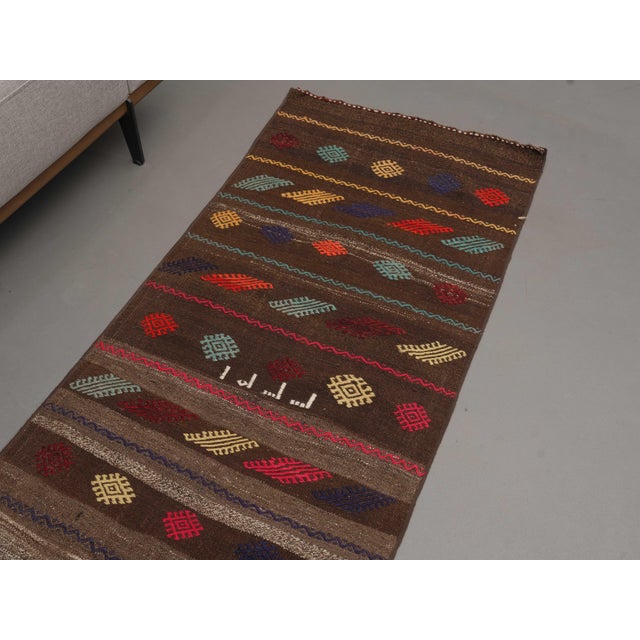 1970s Vintage Handmade Wool Cotton Brown Runner Rug For Sale - Image 4 of 11