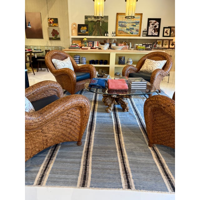 American 90s Rattan Lounge Chairs From Pottery Barn With New Leather Seats For Sale - Image 3 of 3