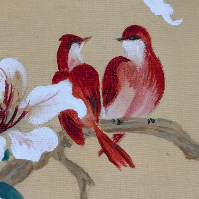 1990s Vintage Original Hibiscus Bird Paintings Diptych Chinoiserie Gilt Frames For Sale - Image 5 of 12