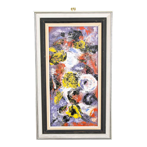 Mid Century Modern Framed Painting Art Abstract Expressionism Purple Black White