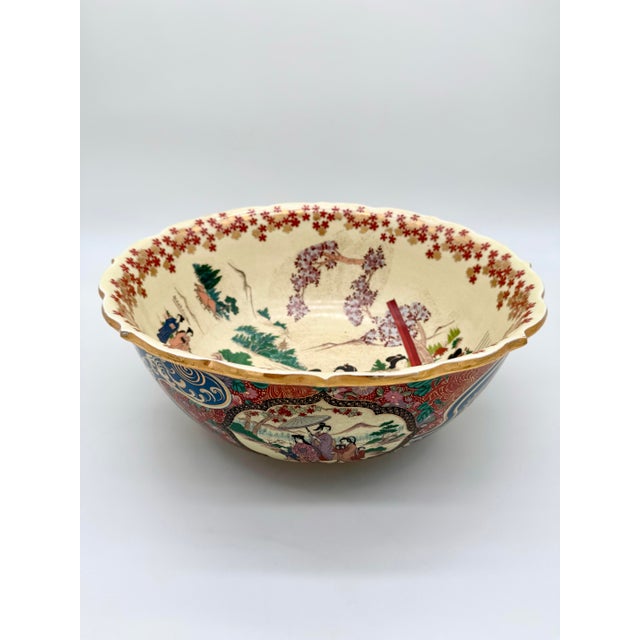Large Meiji Satsuma-Style Centerpiece Bowl With Shishi Lion-Dog & Figural Panels, C. 1890 For Sale - Image 10 of 11