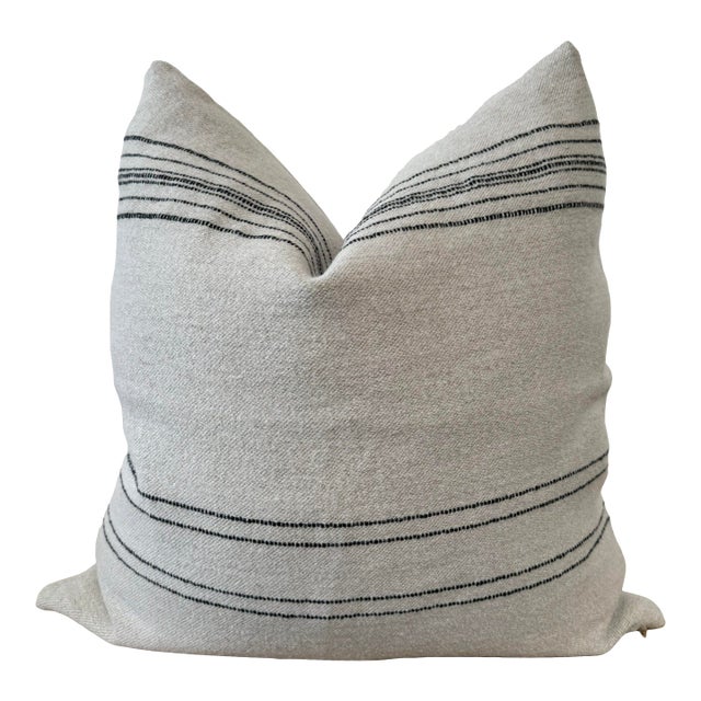 Belgian Linen and Wool Oversize Pillow Cover in Oatmeal and Coal With Insert For Sale