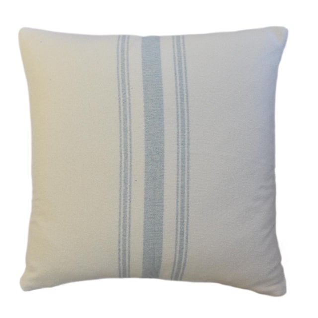 Custom-tailored pillow by Mike Seratt of The Prized Pig, in a French pale teal striped woven cotton fabric. Double-sided...