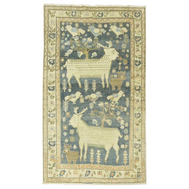 Army Green Mid 20th Century Pictorial Sheep Pigeon Sea Foam Turkish Anatolian Accent Size Decorative Rug For Sale - Image 8 of 18