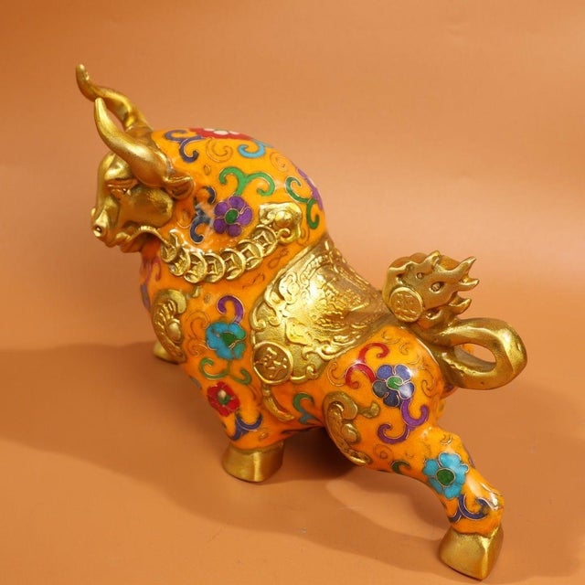 Late 20th Century Late 20th Century Gilt Bronze Cloisonné Enamel Ox Figure With Coin Motif For Sale - Image 5 of 9