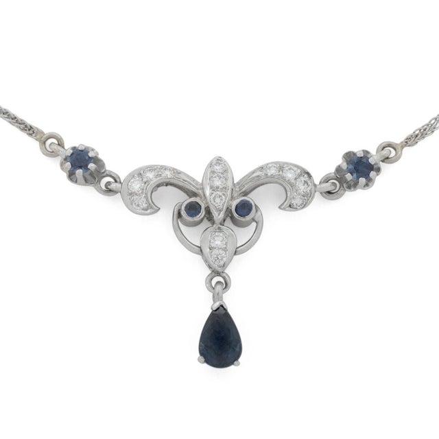 14k White Gold Sapphire Diamond Station Necklace. For Sale - Image 4 of 6
