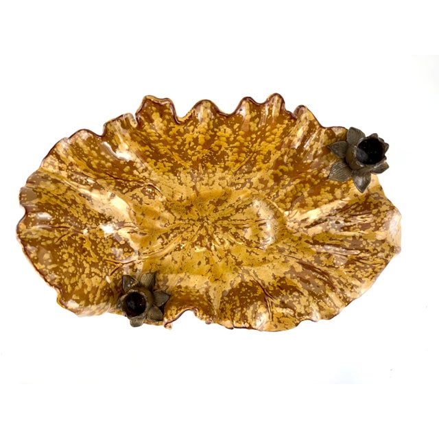 1960s Vintage Mid Century Castilian Imports Ruffled Ceramic Lotus Bowl With Bronze Accents For Sale - Image 5 of 14