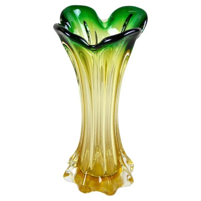 工芸品 Murano Glass Vase (Green & Yellow) Dissette - Green Murano Glass Vase 