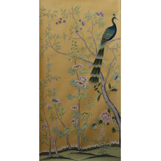 Chinese Hand-Painted Peacock & Floral Silk Wallpaper | Chinoiserie Mural | Custom Luxury Wall Mural for Living Room For Sale - Image 3 of 4