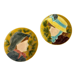 Pair of Early 20th Century Majolica Plates With Girl/Boy Face