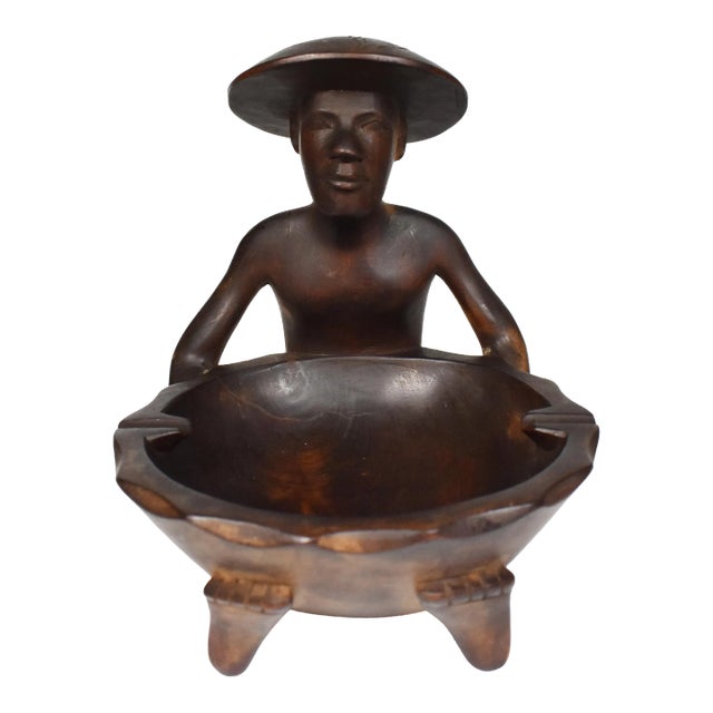 Mid 20th Century Hand Wood Carved Oriental Man Holding Bowl Ashtray For Sale