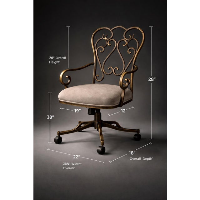 A sculptural pair of vintage swivel armchairs featuring intricate wrought iron scrollwork backs, gracefully curved arms,...