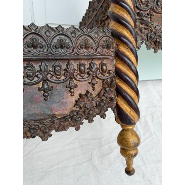 Wood Anglo-Indian Embossed Gold and Wood Wall-Mount Bed Canopy Curtain Valance For Sale - Image 7 of 12
