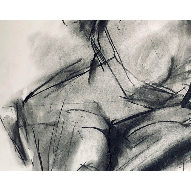 Semi-Abstract Nude Seated Woman / Charcoal on Archival White Paper / Cubist Soft and sensual dark grey charcoal shaped...