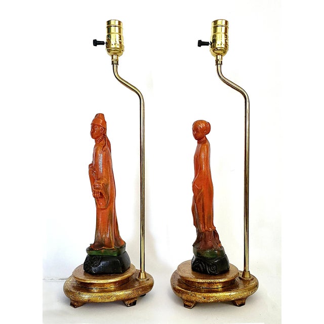 Wood Lamps by Borghese Asian Figurine & New Shades Restored For Sale - Image 7 of 17