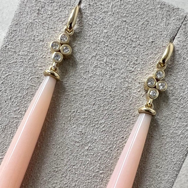 Syna Yellow Gold Pink Opal Long Drop Earrings with Diamonds, a Pair For Sale - Image 4 of 5