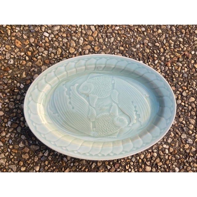 Mid 20th Century Vintage Mid 20th Century Celadon Koi Fish Oval Platter For Sale - Image 5 of 5