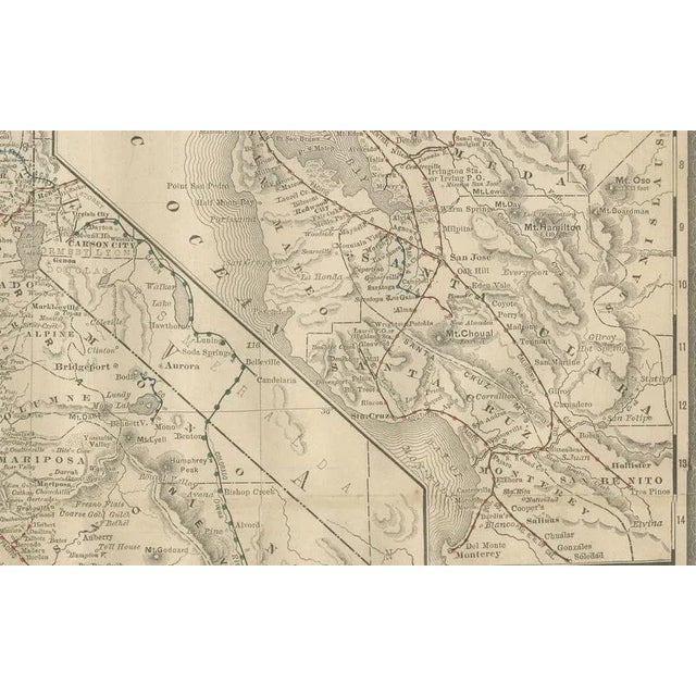 Black California Map of The Golden States Railroads and Cities and Counties, 1888 For Sale - Image 8 of 10