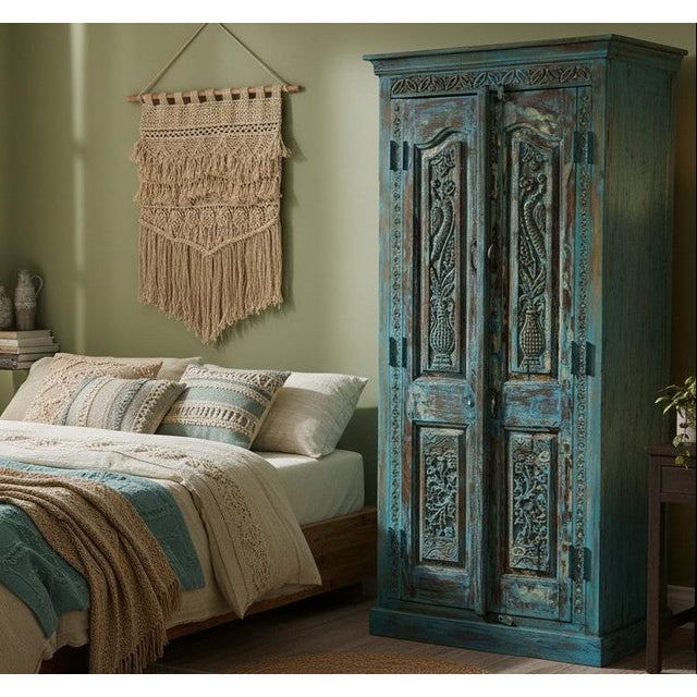 Mid-Century Modern Antique Hand-Carved Blue Armoire With Floral Motifs & Brass Stud Detailing 83x38 For Sale - Image 3 of 7