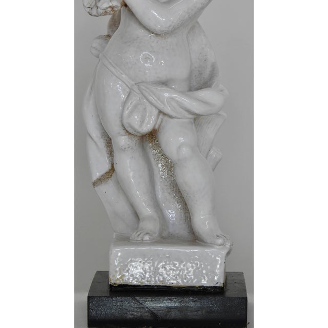 Metal 20th Century Pair of White Glazed Terracotta Cherub Lamps on Wooden Bases For Sale - Image 7 of 10