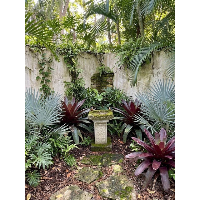 Oyster Gray English Regency Style Weathered Cast Stone Birdbath With Celtic Knot Pedestal For Sale - Image 8 of 10