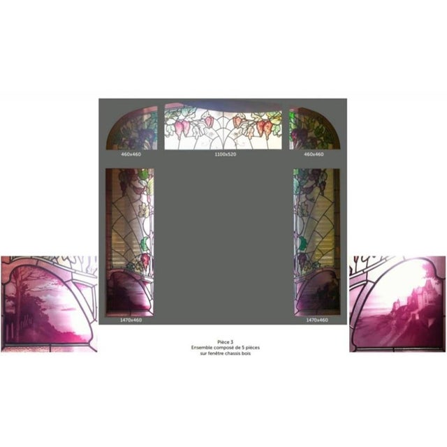 Glass Set of Triple-Layered Acid-Etched Stained Glass Windows attributed to Gruber, 1890s, Set of 3 For Sale - Image 7 of 8