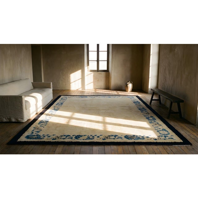 Enchanting Beige Background Color and Black Border With Tone-on-Tone Pattern Antique Chinese Peking Rug For Sale - Image 15 of 15