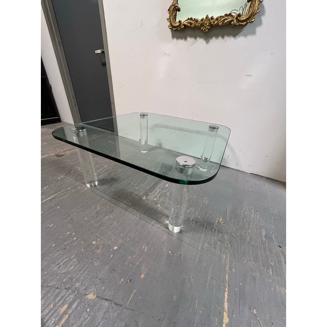 Vintage Pace Collection Glass Coffee Table Lucite Legs Chrome Caps For Sale In New York - Image 6 of 12