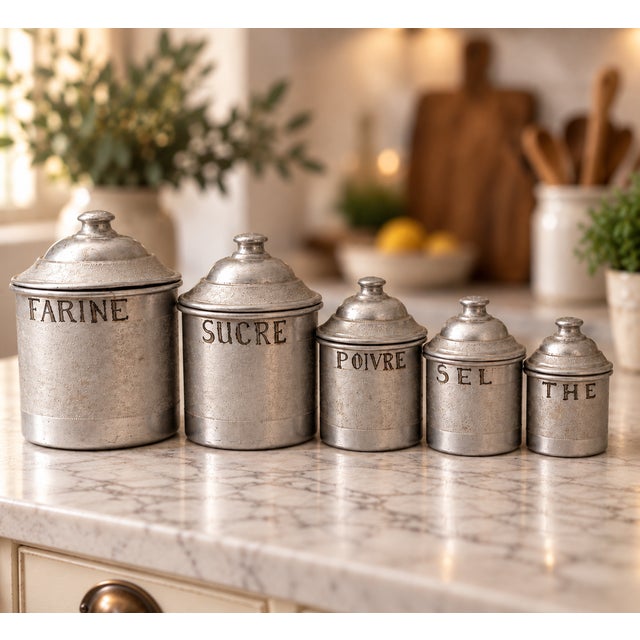 Charming vintage circa 1940s five-piece aluminum kitchen canister set featuring classic French pantry labels and...