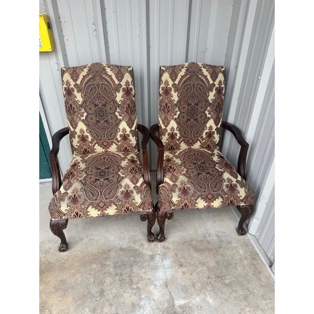 2 Vintage Queen Anne Accent Chairs, Paisley Tapestry Armchairs, Cabriole Legs For Sale - Image 10 of 11