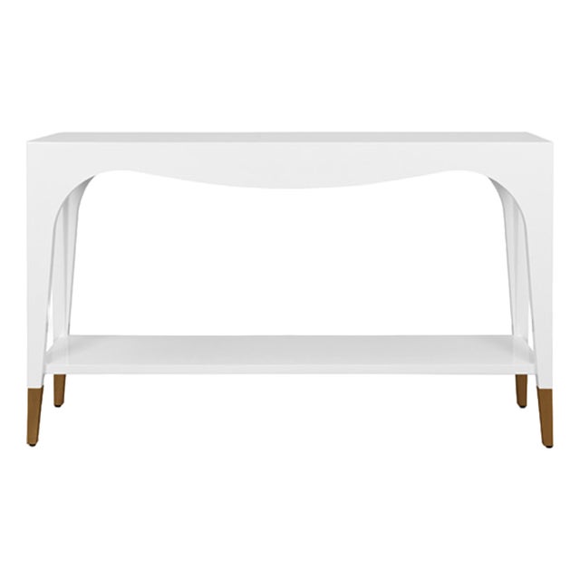 Matthew Izzo Home Glossy Laverne White Lacquer Two Tier Console Table With Antique Brass Feet And For Sale