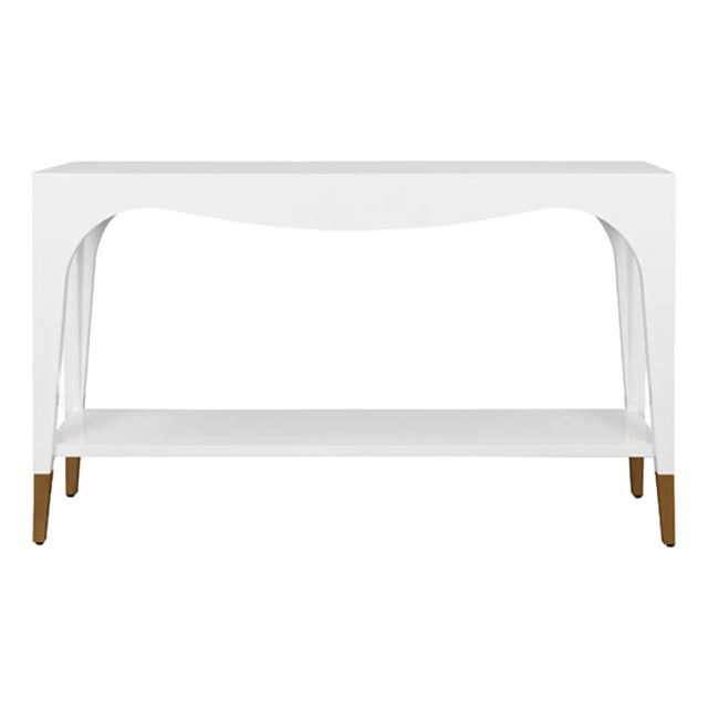 Matthew Izzo Home Laverne Glossy White Lacquer Two Tier Console Table With Antique Brass Feet And For Sale