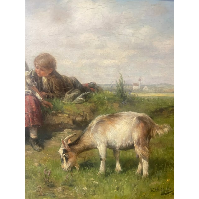 Traditional Antique Oil Painting by Karl Stuhlmuller Children With Goats Well Listed For Sale - Image 3 of 11