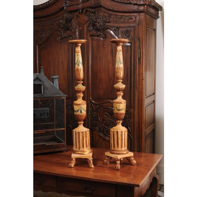 18th Century Neoclassical Painted & Gilded Candlesticks with Hoof Feet - a Pair For Sale - Image 10 of 12