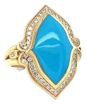 Kabana Diamond Turquoise Inlay 14k Yellow Floral Ring, Size 7.5