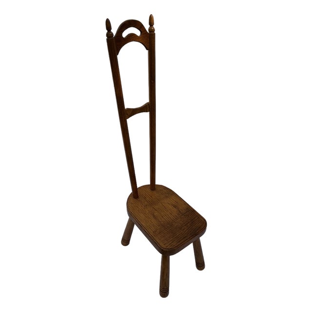 1980s Cottagecore Oak Stool Highback Artisan Crafted Country Oak For Sale