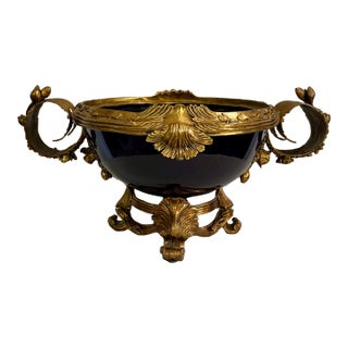 Vintage French Sèvres Style Cobalt Porcelain & Ormolu Centerpiece Bowl | Louis XV Revival For Sale
