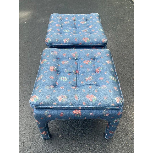 Wood Pair of Square Pillow Top Tufted Billy Baldwin Parson Ottomans For Sale - Image 7 of 16
