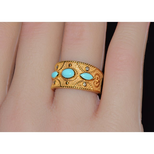 Natural Diamond Turquoise 18k Solid Gold Byzantine Beaded Greek Ring Stacking Band Ring, Size 6 For Sale - Image 9 of 14