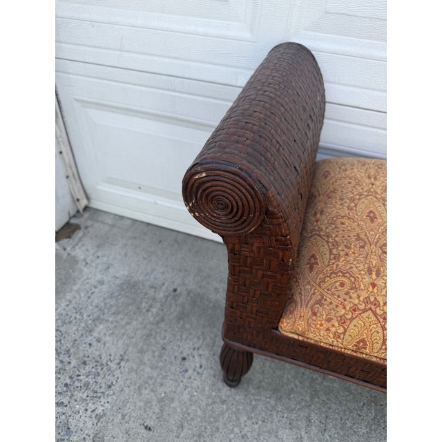Vintage Boho Woven Rattan Wicker Scroll Arm Upholstered Bench For Sale - Image 10 of 12